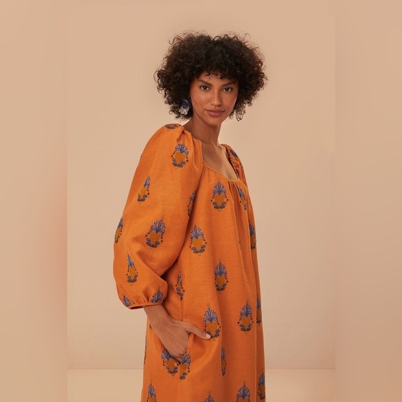 NWT Farm Rio Orange Embroidered Midi Dress - Pineapple’s - Size Large - Picture 1 of 16